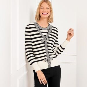 Talbots Striped Bow Cardigan Sweater XL Black White French Stripe Coquette